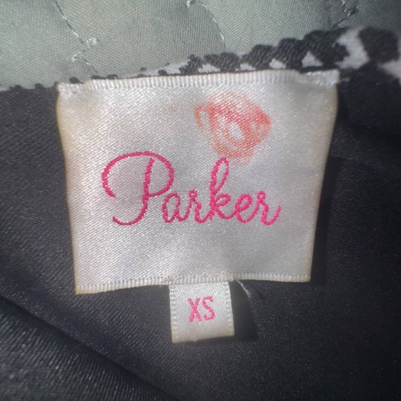 Parker Black & White Geometric Fit & Flare Dress with Leather Trim – Size XS - Picture 11 of 13